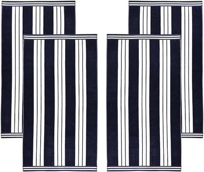 Superior Oversized Cotton Beach Towel Set of 4, Absorbent Towels for Bathroom, Beach, Pool, Swim, Adults, Kids, Vacation, Travel, Bath Sheet, Quick Dry Basics, Trip Essentials, Striped Decor, Blue