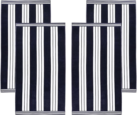 Superior Oversized Cotton Beach Towel Set of 4, Absorbent Towels for Bathroom, Beach, Pool, Swim, Adults, Kids, Vacation, Travel, Bath Sheet, Quick Dry Basics, Trip Essentials, Striped Decor, Blue
