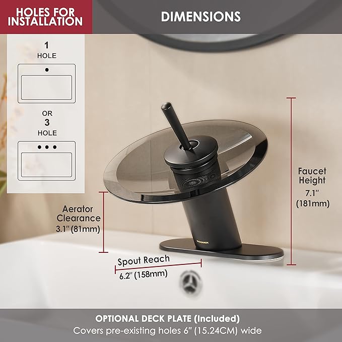 Waterfall Bathroom Sink Faucet Solid Brass Modern Circle Glass Waterfall Faucet for Basin Vanity Single Hole Pedestal Sink Faucets One Handle Corner Sink Bathroom Faucet, Short, Black