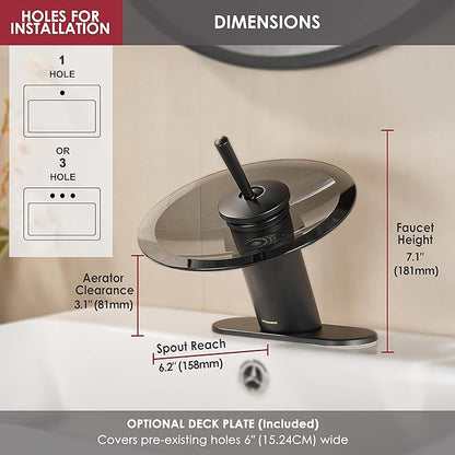 Waterfall Bathroom Sink Faucet Solid Brass Modern Circle Glass Waterfall Faucet for Basin Vanity Single Hole Pedestal Sink Faucets One Handle Corner Sink Bathroom Faucet, Short, Black