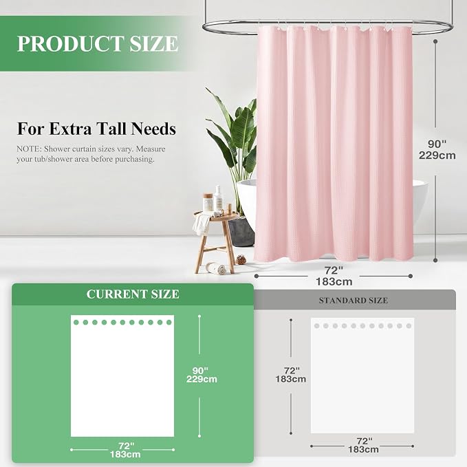Extra Long Waffle Shower Curtain 256 GSM Fabric 72x90 Pink | 90 Inch Tall, Thick Cloth, Weighted Hem, Water Repellent, Hotel Luxury Polyester Shower Curtain Set for Bathroom 12 Hooks