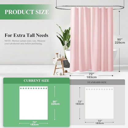 Extra Long Waffle Shower Curtain 256 GSM Fabric 72x90 Pink | 90 Inch Tall, Thick Cloth, Weighted Hem, Water Repellent, Hotel Luxury Polyester Shower Curtain Set for Bathroom 12 Hooks