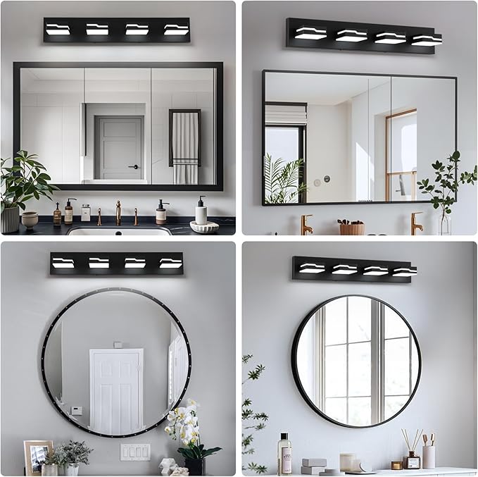 LED Modern Bathroom Vanity Light Fixtures 4-Light, 25.5 inch Dimmable Black Vanity Lights for Bathroom Lighting Fixtures Over Mirror, with 350°Rotatable Acrylic Heads(White Light 5500K)