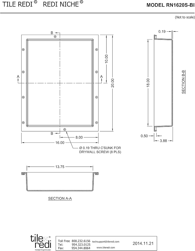Tile Redi USA RN1620S-BI Redi Niche Single Recessed Shower Shelf, One Inner Shelf, 20" H x 16" W, Black