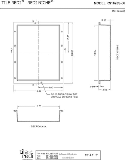 Tile Redi USA RN1620S-BI Redi Niche Single Recessed Shower Shelf, One Inner Shelf, 20" H x 16" W, Black