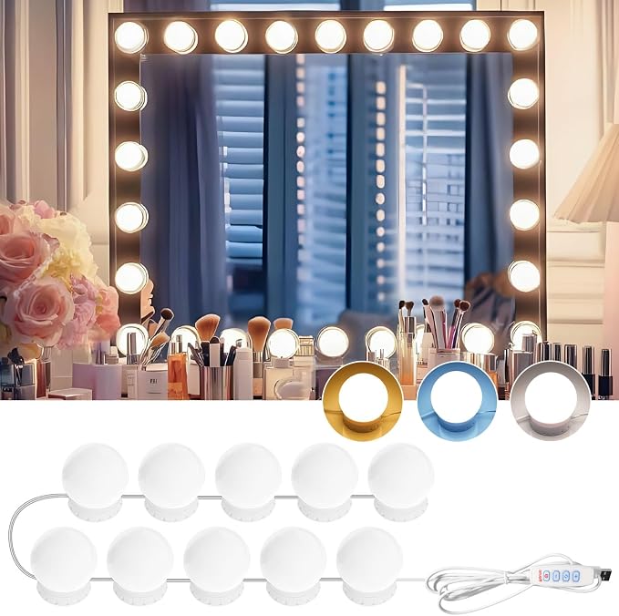 LED Vanity Mirror Lights 10, 3-Color Dimmable Stick-On Makeup Light USB | 3000K/4000K/6500K 3-Color, 10-Level Dimming, No-Drill Adhesive Mount, 5V USB Powered, Adjustable 0.4-10" Spacing, 10 Lights