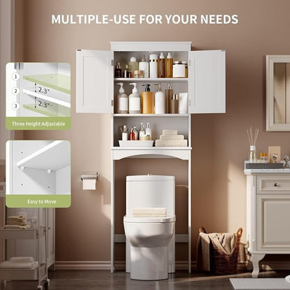 Gizoon Over the Toilet Storage Cabinet with Adjustable Shelf, White | Bathroom Space Saver Organizer Above Toilet with Open Shelf and Double Doors, Taller Wooden Free Standing Toilet Rack