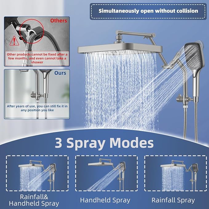 14" High Pressure Rain/Rainfall Shower Heads With Handheld Spray Combo (3+1 Settings & Built-in Power Wash Mode), Double/Dual Shower Head With Handheld - Height/Angle Adjustable(Brushed Nickel)