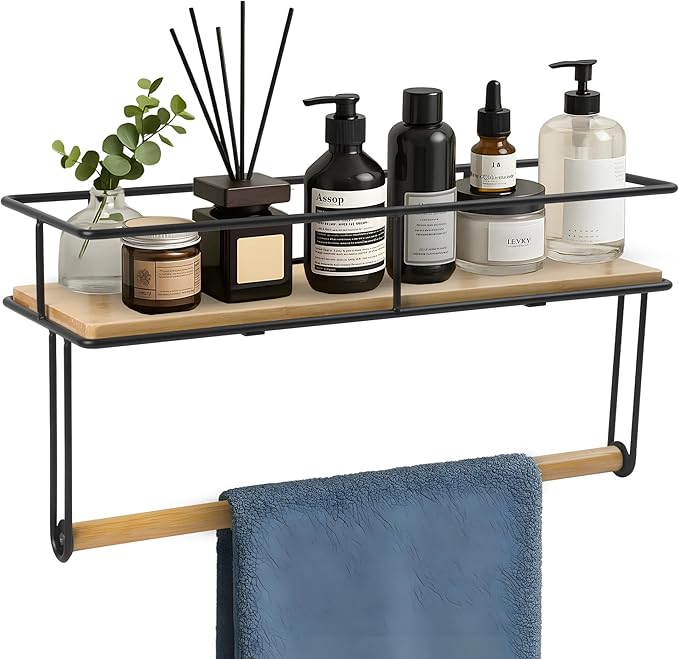 Wall-Mounted Wooden Shelf with Hand Towel Holder – Space-Saving Hanging Bathroom Organizer & Towel Rack - Perfect for Shower Corner, Kitchen, Toilet - Matte Black