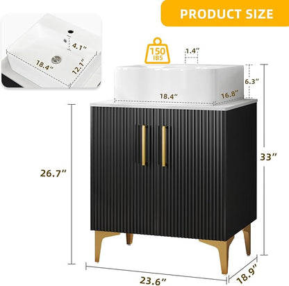 DWVO Bathroom Vanity 24 Inch with Counter Top Sink Combo | Modern Bathroom Storage Vanity Cabinet Set Included 2 Large Soft Closing Doors, Drain, Gold Handles & Legs, Black