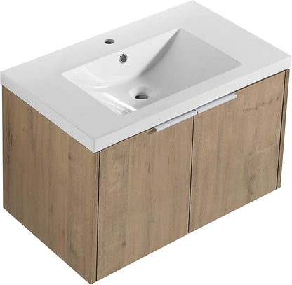 SSLine 42-Inch Single Bathroom Vanity Modern Wall Mounted Bathroom Vanity with Sink 42" Small Floating Bathroom Vanities Set with White Open Storage Shelf & 2 Side Cabinets,Brown White