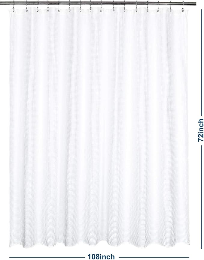 Barossa Design Cotton Blend Shower Curtain Extra Wide 108 Inch - Honeycomb Waffle Weave, Hotel Luxury & Spa, Heavy Weight Fabric, Washable - White, 108x72