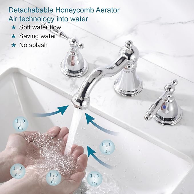 RKF Bathroom Faucets for Sink 3 Chrome 8 inch Widespread Bathroom Sink Faucet with Drain Double Lever Handle Faucet Bathroom Vanity Faucet Basin Mixer Tap WF013-C