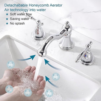 RKF Bathroom Faucets for Sink 3 Chrome 8 inch Widespread Bathroom Sink Faucet with Drain Double Lever Handle Faucet Bathroom Vanity Faucet Basin Mixer Tap WF013-C