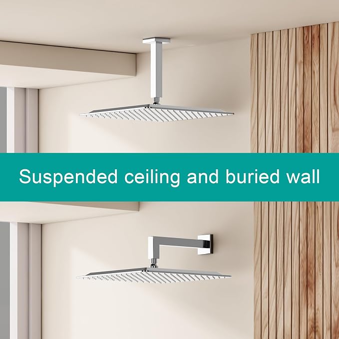 Square Rain Shower Head, High Flow Stainless Steel,Work with any decorative style，All Metal Rainfall Shower Head (Chrome, 16)