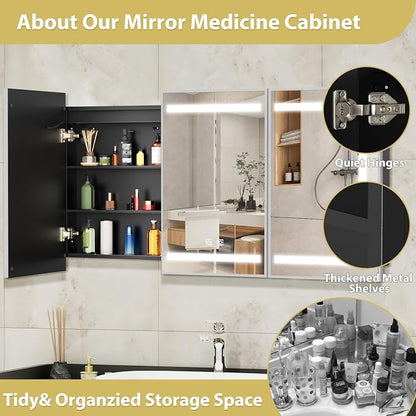 ROOMTEC 60 x 32 Inch Medicine Cabinet Mirror with LED Lights, Silver Bathroom Medicine Cabinet with Mirror and Storage, Recessed or Wall Mount, 3 Color Temperature, Dimmable Light