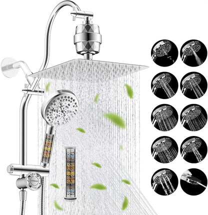Hibbent 10" Dual Filtered 10" Rainfall Shower Head with Handheld 10-Spray | High Pressure Metal Chrome Showerhead Combo with Filter, 4-way Diverter with Pause Mode, Extension Arm, 71'' Hose & Holder