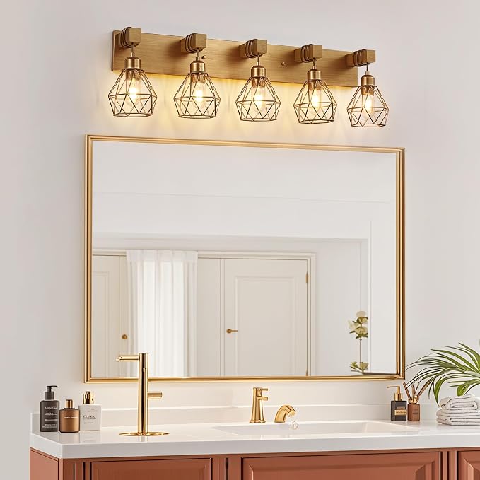 maesta 5 Light Bathroom Vanity Light, Farmhouse Gold Fixture Over Mirror | Farmhouse Bathroom Light Fixtures, Wood & Metal, Anti-Rust, Easy to Install for Rustic Bathroom Hallway