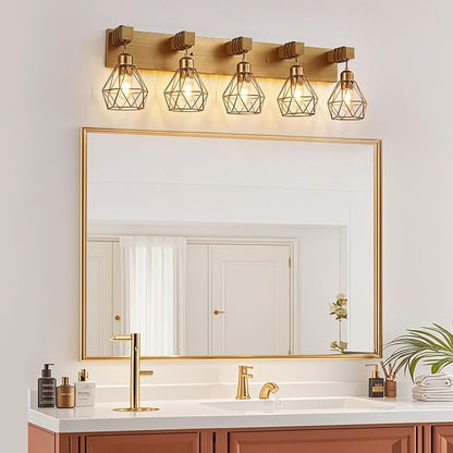 maesta 5 Light Bathroom Vanity Light, Farmhouse Gold Fixture Over Mirror | Farmhouse Bathroom Light Fixtures, Wood & Metal, Anti-Rust, Easy to Install for Rustic Bathroom Hallway