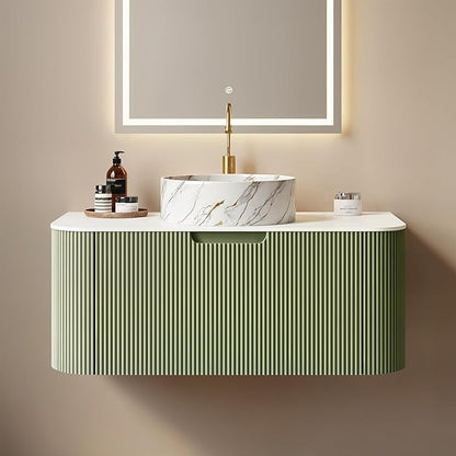 Yayzy 36" Floating Bathroom Vanity with Sink, Solid Wood Fluted Cabinet, White Marble-Patterned Ceramic Basin & Faux Marble Top, Soft-Close Drawer, Pre-Assembled, Light Green