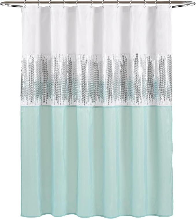 Lush Decor Night Sky Shower Curtain, Single, 72" W x 72" L, White & Blue - Sequin Shower Curtain - Sparkly Color Block Bath Curtain - Modern Glam Bathroom Decor