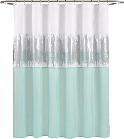 Lush Decor Night Sky Shower Curtain, Single, 72" W x 72" L, White & Blue - Sequin Shower Curtain - Sparkly Color Block Bath Curtain - Modern Glam Bathroom Decor