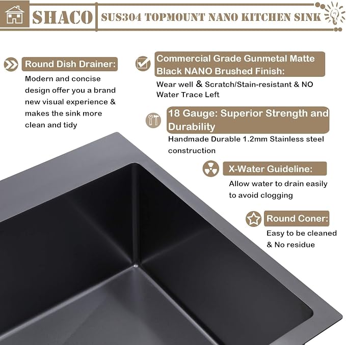 28 Inch Drop in Black Kitchen Sink, Gunmetal Black Top Mount Stainless Steel 9 Inch Deep Single Bowl Laundry Utility Wet Prep Sink