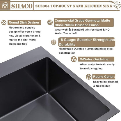 28 Inch Drop in Black Kitchen Sink, Gunmetal Black Top Mount Stainless Steel 9 Inch Deep Single Bowl Laundry Utility Wet Prep Sink
