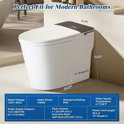 Smart Toilet with Bidet Built-In, Auto Flush, Auto Open/Close Lid, Foot Sensor, Heated Seat, Warm Water Wash, Warm Air Dryer, Deodorizer, Night Light, Remote Control (Gray)