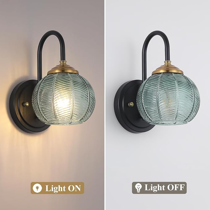 Mecgirn Bathroom Vanity Light Fixtures, 1-Light Green Glass Shade, Modern Black and Gold Wall Sconce, Unique Textured Leaf Pattern, Ceramic E26 Sockets Wall Mounted for Mirror, Cabinet, Hallway