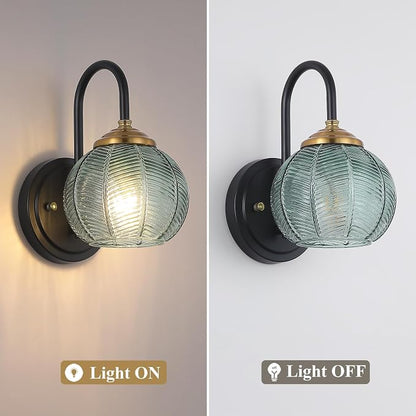 Mecgirn Bathroom Vanity Light Fixtures, 1-Light Green Glass Shade, Modern Black and Gold Wall Sconce, Unique Textured Leaf Pattern, Ceramic E26 Sockets Wall Mounted for Mirror, Cabinet, Hallway