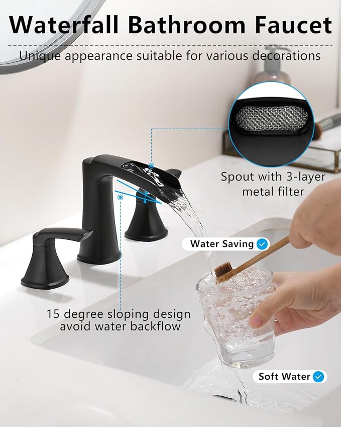 Fapully Black Bathroom Faucet 3 Hole, Waterfall 8 Inch Widespread Bathroom Sink Faucet with Pop-up Drain, Two-Handle Faucet for Bathroom Sink