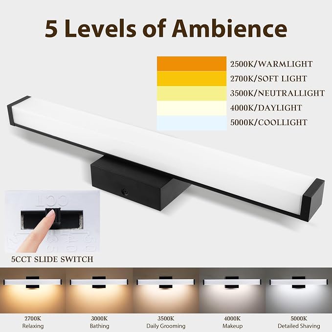 22IN Black Bathroom Vanity Light 19W 5CCT 3 Brightness Modes ETL Listed