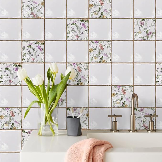 Alwayspon Vinyl Sticker Peel and Stick, Self-Adhesive Wall Tile Transfers Backsplash Sticker Decal for Kitchen Bathroom, 6x6inch/15x15cm 30Pcs, Purple Floral T040