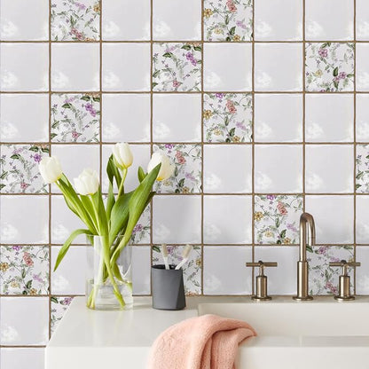 Alwayspon Vinyl Sticker Peel and Stick, Self-Adhesive Wall Tile Transfers Backsplash Sticker Decal for Kitchen Bathroom, 6x6inch/15x15cm 30Pcs, Purple Floral T040