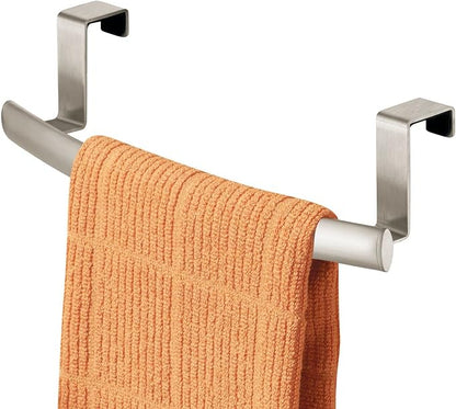 mDesign Steel Over Door Curved Towel Bar Storage, Hanger for Cabinet or Cupboard, Holder Rack for Kitchen, Bathroom - Holds Hand/Dish Towels, Washcloths - Spira Collection - 2 Pack - Satin