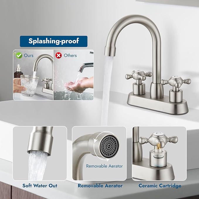4 Inch Centerset Bathroom Faucets Double Cross Handle Bathroom Sink Faucet Deck Mounted Vintage RV Farmhouse Vanity Basin Mixer Tap with Pop up Drain,Brushed Nickel