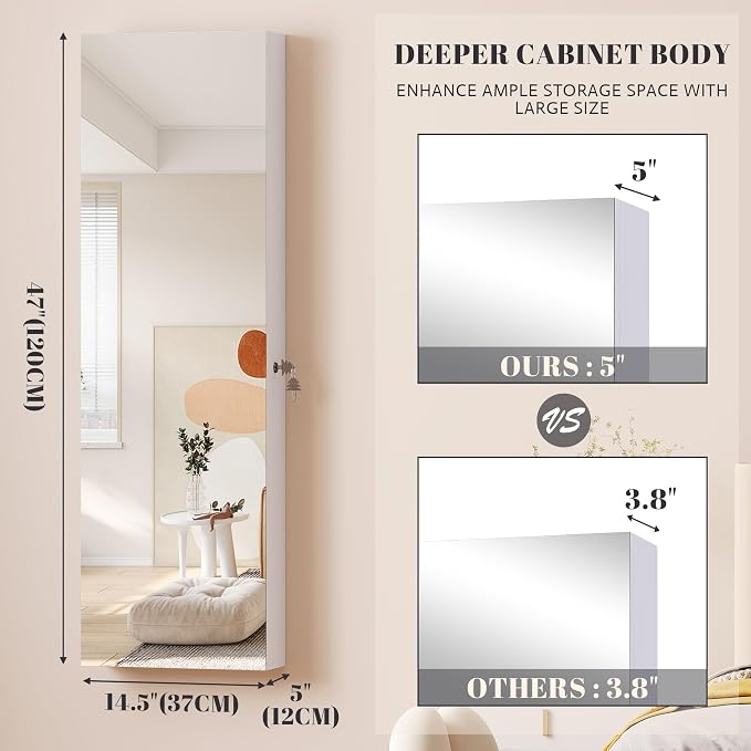 Vlsrka 47.2" LED Jewelry Cabinet, Wall Mounted Jewelry Mirror Organizer | Over the Door Hanging Jewelry Armoire Organizer, large Lockable Full Length Mirror with Jewelry Storage for Women, White