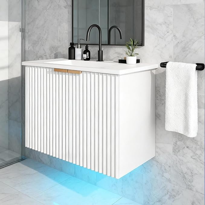 Bathroom Vanity with Sink, 30" Wall Mounted Floating Vanity Cabinet, Modern Bathroom Sinks with LED Light, Metal Handle & Double Soft-Close Doors, White