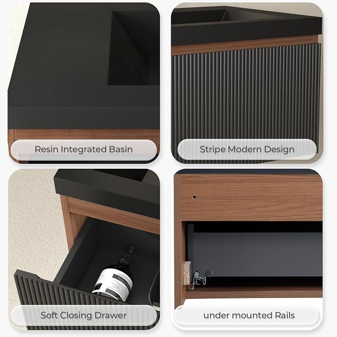 36 Inch Floating Bathroom Vanity with Sink, Wall Mounted Striped Storage Cabinet, Soft Close Drawer, Black Quartz Sand Basin, Fully Assembled, Smoked Walnut Finish
