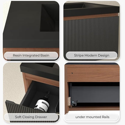 36 Inch Floating Bathroom Vanity with Sink, Wall Mounted Striped Storage Cabinet, Soft Close Drawer, Black Quartz Sand Basin, Fully Assembled, Smoked Walnut Finish