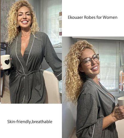 Ekouaer Women Kimono Robes Knee Length Knit Bathrobe Lightweight Soft Sleepwear V-neck Casual Ladies Loungewear