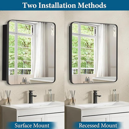 16’’x20’’ Medicine Cabinet,Metal Framed Medicine Cabinet Mirror with Round Corner,Recessed and Surface Mount Bathroom Mirror with Storage, Removeable Shelves,Dark Gray Frame