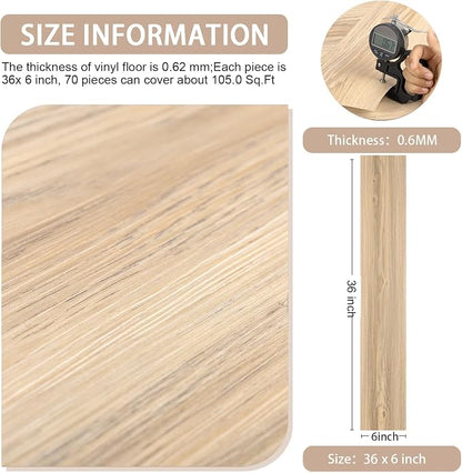 Peel and Stick Floor Tile, 70-Pack 105 Sq.Ft, Peel and Stick Flooring | Waterproof and Easy to Clean, Natural Wood Grain Look, Self Adhesive and Removable for Bathroom Kitchen (36x6inch)