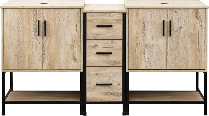 UEV Rustic Oak 60" Double Bathroom Vanity with Sink Combo,Industrial Iron Frame 2 Main Bathroom Vanity with Middle 3 Drawers Cabinet(Without Sink Combo)