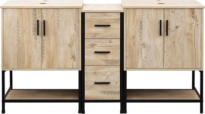 UEV Rustic Oak 60" Double Bathroom Vanity with Sink Combo,Industrial Iron Frame 2 Main Bathroom Vanity with Middle 3 Drawers Cabinet(Without Sink Combo)
