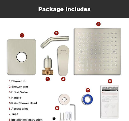 Brush Nickel Premium Shower Head With Valve Set Single Spray Wall Mount 8 Inch Rainfall Square Shower Faucet with Rough-in Valve and Trim Kit for Bathroom