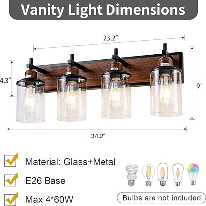 4-Light Farmhouse Bathroom Light Fixtures Vintage Bathroom Vanity Lights Over Mirror Black and Wood Painted Metal Vanity Light for Bathroom with Glass Shades E26 Socket