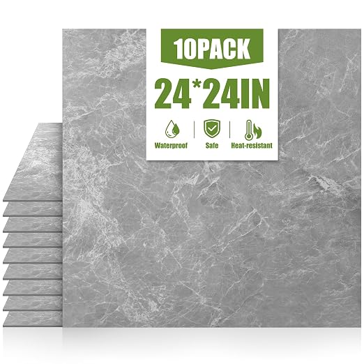 RORA 24x24 Inch Peel and Stick Floor Tile 10-Pack Waterproof Vinyl | Covers 40 Sq.Ft, Self-Adhesive, Easy DIY install, Grey Marble Vinyl Floor Tiles for Bathroom, Kitchen, Laundry & Office