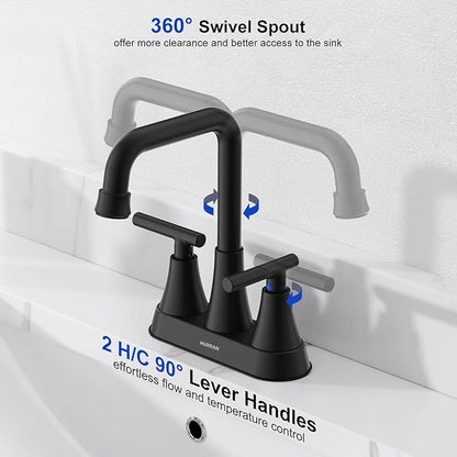Matte Black Bathroom Sink Faucet, Hurran 4 inch Bathroom Faucets for Sink 3 Hole with Pop-up Drain and Supply Lines, Stainless Steel 2-Handle Centerset Faucet for Vanity RV Restroom